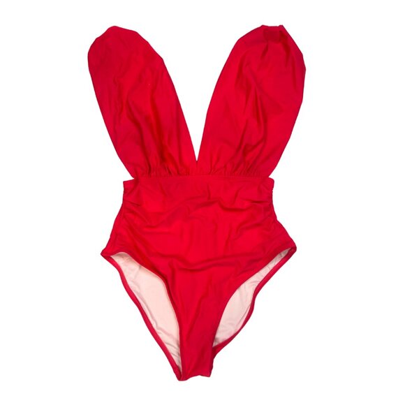 NWT Plunging Ruched One Piece Swimsuit Women Vibrant Red Medium Cupshe - Picture 1 of 16